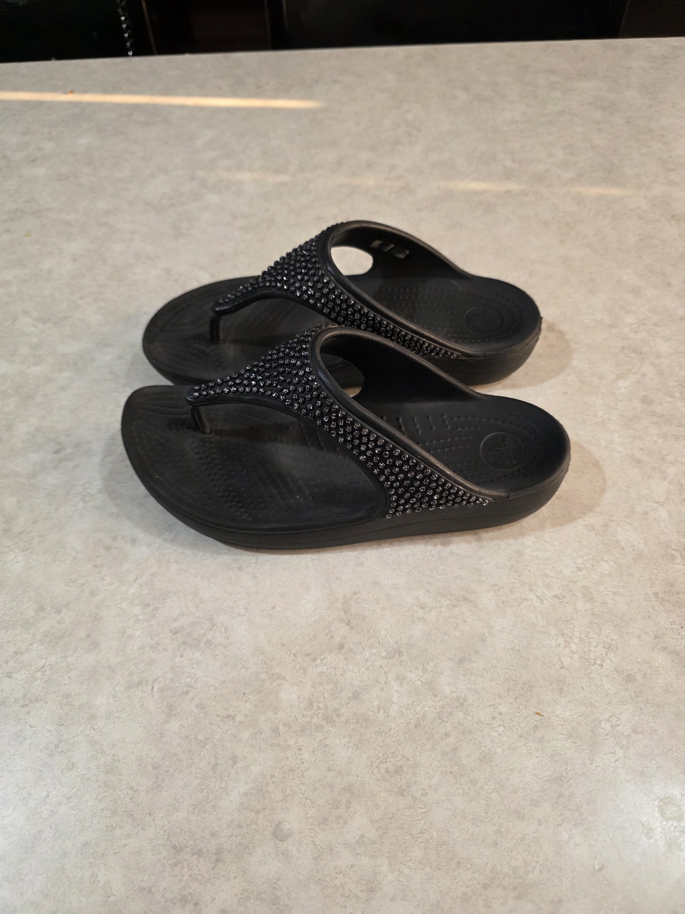 CROCS Black Rhinestone Wedge Thong Sandals